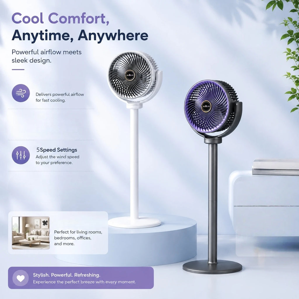 2-in-1 Air Circulator Fan – Floor & Desk | 5 Speeds | USB Powered